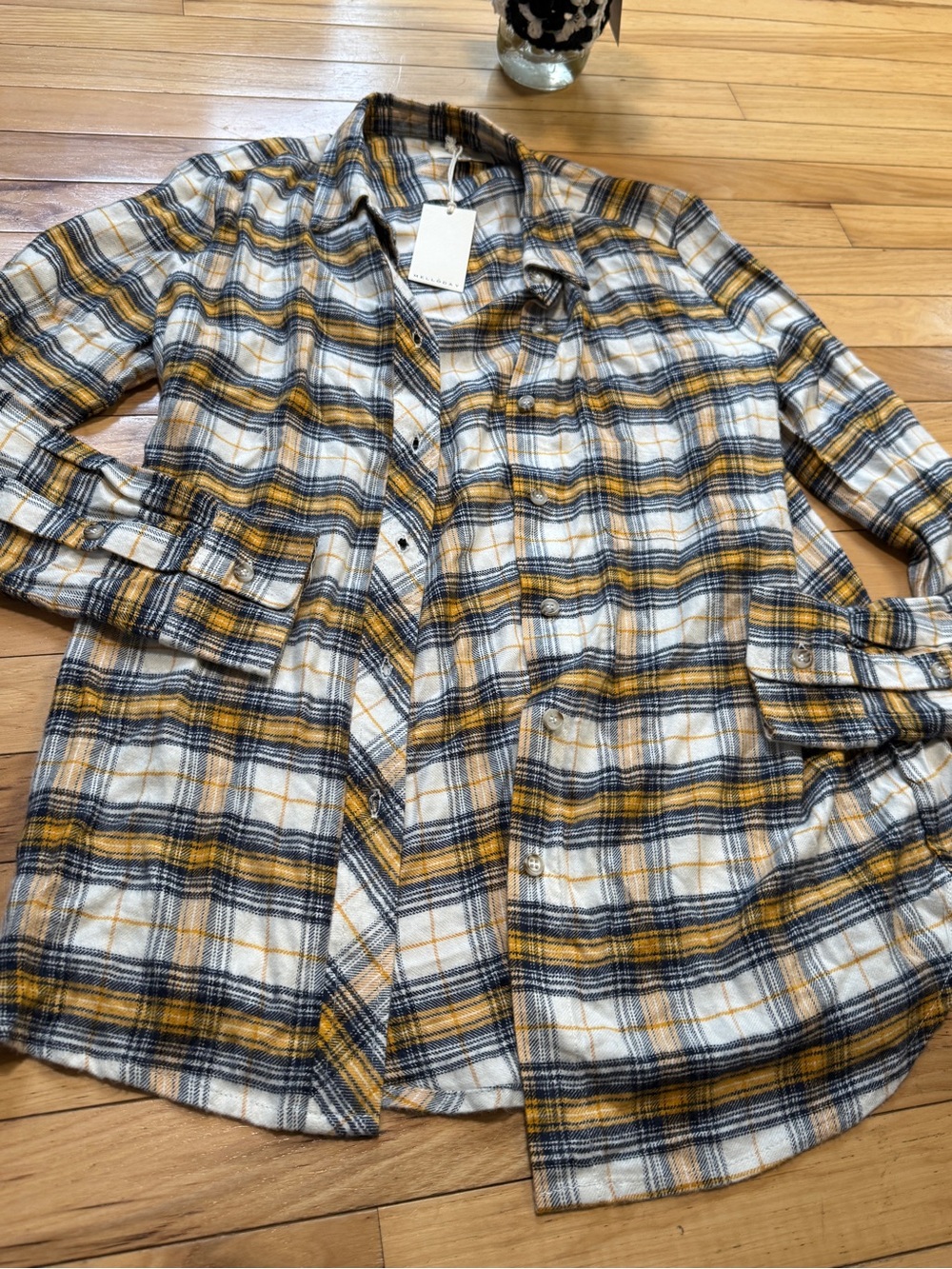 MELLODAY Navy, Mustard & White Plaid Shirt